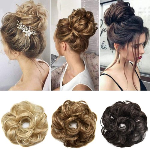 Messy Rose Bun Hair Piece Synthetic Hair Scrunchies Extension Curly Wavy With Elastic Rubber Band Ponytail Hair Extensions Updo Hairpieces for Women Girls(R18/613# Light Ash Brown&Light Bleach Blonde)