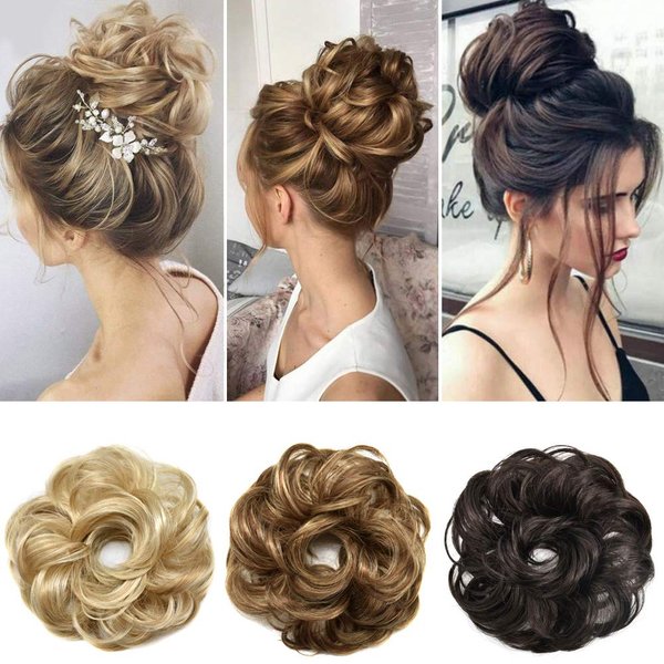 Messy Rose Bun Hair Piece Synthetic Hair Scrunchies Extension Curly Wavy With Elastic Rubber Band Ponytail Hair Extensions Updo Hairpieces for Women Girls(R18/613# Light Ash Brown&Light Bleach Blonde)