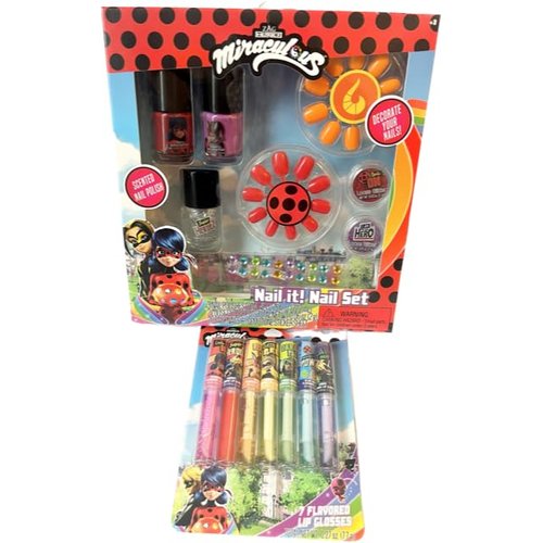 Zag Miraculous Ladybug Nail Polish Set and Lip Gloss Bundle- Includes 3 Nail Polishes, 2 Glitter Pots, 20 Faux Nails and Gemstone Sticker Sheet with 7 Flavored Lip Glosses