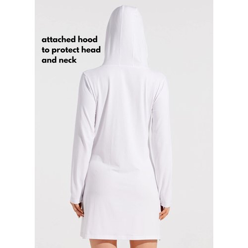Willit Women's Long Sleeve Cotton Swim Cover Up UPF 50+ SPF Dress Hooded with Pockets Sun Protection Beach Coverup White M