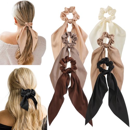 Glaudmeiss 6 PCS Bow Silk Scrunchies, Hair Ties with Bows, Hair Scrunchies for Women Girls, Knotted Bow Silk Hair Ties, Satin Hair Ribbon Scrunchy Elastic Hair Ties Ponytail Holder Hair Accessories