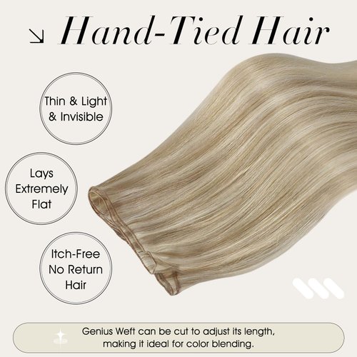 Full Shine Genius Weft Hair Extensions Human Hair Sew In Hair Extensions Hand Tied Hair Extensions Soft Hair Sew In Extensions For Women Color Golden Blonde Highlight Medium Blonde 20 Inch 60G
