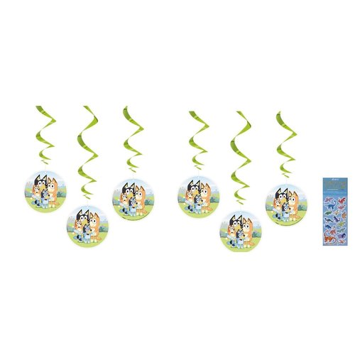 Bluey Birthday Party Supplies Bundle Pack includes Hanging Swirl Decoration - 6 Count with 1 Dinosaur Sticker Sheet