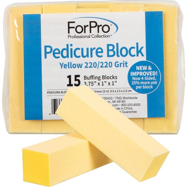 ForPro Professional Collection Yellow Pedicure Block, 220/220 Grit, Three-Sided Pedicure Nail Buffer, 3.75”L x 1”W x 1”H, Yellow, 15-Count