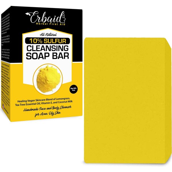 10% Sulfur Soap Cleansing Bar for Face & Body – All Natural Sulfur Facial Cleanser for Acne, Oily Skin – Skincare Blend of Lemongrass, Tea Tree Essential Oil, Vitamin E, Coconut Milk – Sulfur Soap Bar Made in USA (4 Ounce (Pack of 1))