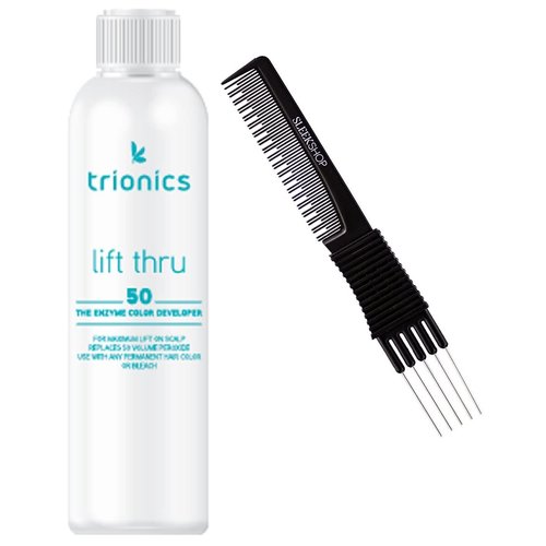Trionics LIFT THRU 50 The Enzyme Color Developer, 50 Volume Hydrogen Peroxide for Haircolor Hair Color Dye, Lift Through Activator (w/ Premium Carbon Teasing Comb) (8 oz original size)