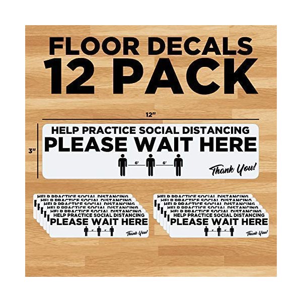 6ft Distance Markers Removable Floor Decals for Social Distancing 3"X12" (Pack of 12) - Made in The U.S.A.