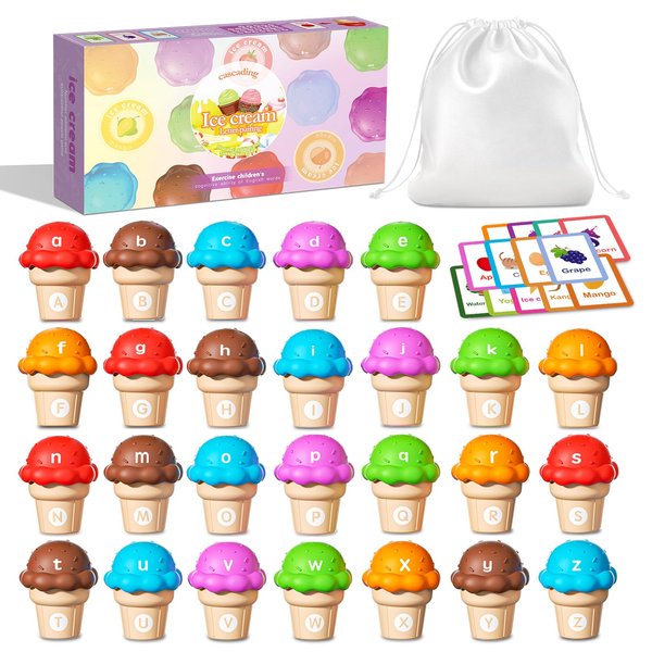 AT-DRESSINGDAY Ice Cream Toys Color and Counting Alphabet Match Learning Toys Stacking Preschool Montessori Fine Motor Skills Toys for Toddler Kids (52Pcs Alphabet)