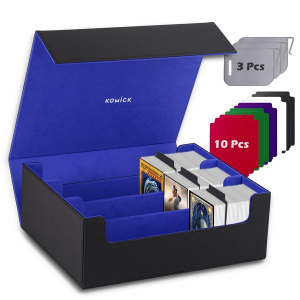 Komick 1800+ Card Deck Case – PU Leather Trading Card Storage Box Microfiber Lined Yugioh Deck Box MTG, Trading Card Holder for Bloomburrow MTG, Baseball, Magic Card Storage Box (Black/Deep Blue)