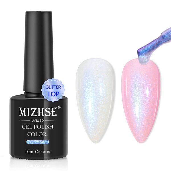 MIZHSE Glitter Gel Top Coat, Pearl Sparkly Gel Nail Polish Blue Mermaid No Wipe Top Coat Aurora Shimmer Soak Off UV LED Nail Gel Polish For Nail Art Home DIY, 10mL 0.33 Fl oz
