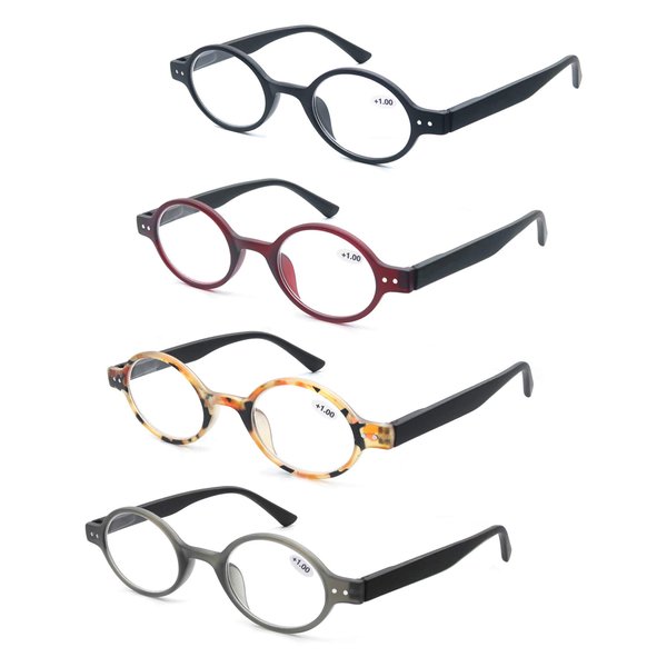 MODFANS 4 Pack Round 1.0 Reading Glasses Women Men,Retro Matte Frame Comfortable Spring Hinge-Lightweightest Readers Suitable Wear well-4 Pouch with Each Area