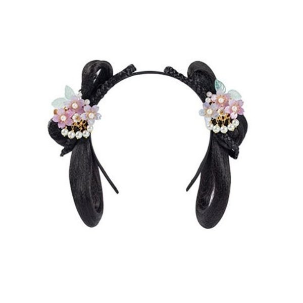 GUEDKIKL Chinese Ancient Hairpin Wig, Ming Dynasty Costume Cosplay Hair Bun Headband Chinese Style Synthetic Hair Piece Hair Extensions Hairband Headdress for Women Girls (B)