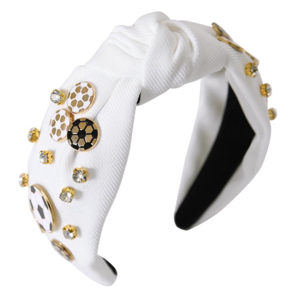 Gmmidea Rhinestone Knotted Headband Football Soccer Charm Crystal Jeweled Headbands for Women White Top Knot Embellished Headband Elegant Fun Sports Game Day Headpiece Gift