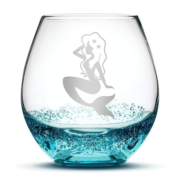 Integrity Bottles Premium Mermaid Stemless Wine Glass, Bubbly Turquoise, Handblown, Tribal Design, Hand Etched Gifts, Sand Carved 18oz