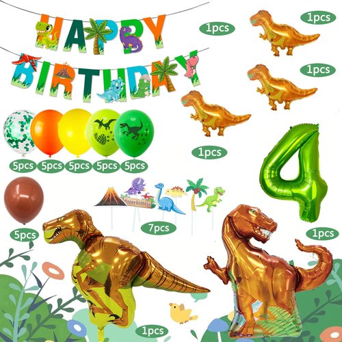 Dinosaur Party Supplies for 4 Year Olds,Dinosaur Foil Balloons Set Dinosaur Birthday Party Decorations Kit Foil Balloons,Banner,Cake Toppers for Boys Girls Birthday Party