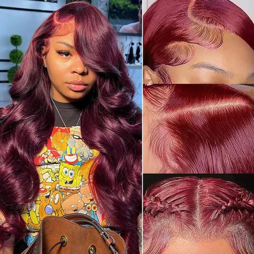 HENGROSE 13x4 99J Burgundy Body Wave Lace Front Wigs Human Hair 180% Density Wine Red Color Wigs for Women HD Transparent Glueless Lace Front Wigs Human Hair Pre Plucked with Baby Hair 32 Inch