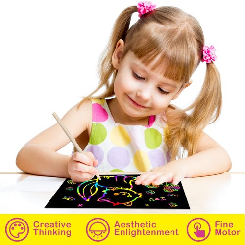 Scratch Rainbow Paper for Kids: 56 Pcs Magic Scratch Off Paper Children Art Crafts Set Kit Supplies Toys Black Scratch Sheets Notes Cards for Boys Girls Birthday Party Favors Christmas Easter Gift