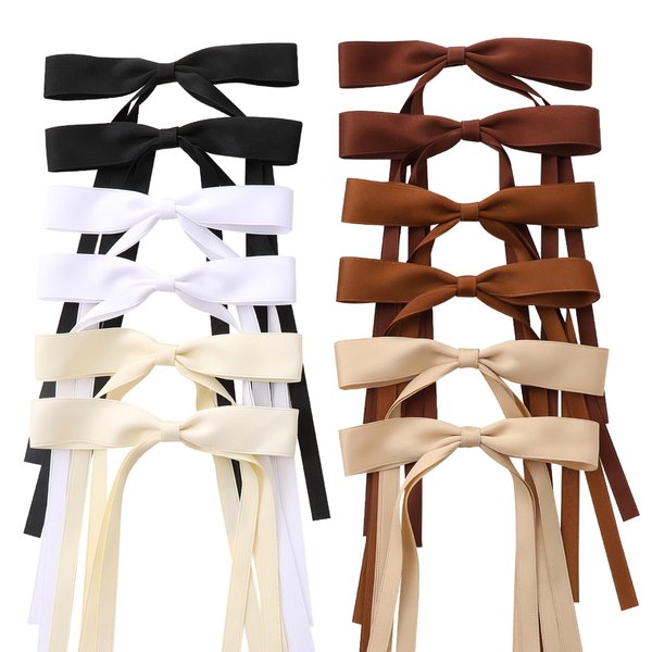 Slevaty 12 PCS Black Hair Bows for Women, Hair Ribbon with Long Tail Bowknot Hair Clips for Women Girls, Hair Barrettes with Bow Accessories（Neutral Colors）