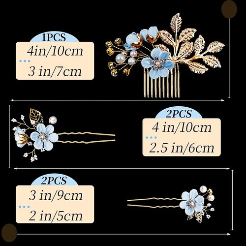 5PCS Bridal Flower Wedding Hair Pins Blue Pearl Hair Pins Rhinestone Hair Clips Gold Leaf Flower Headpiece Jewelry Hair Pins Vintage Wedding Hair Accessories for Brides Bridesmaids Women Girls Updo