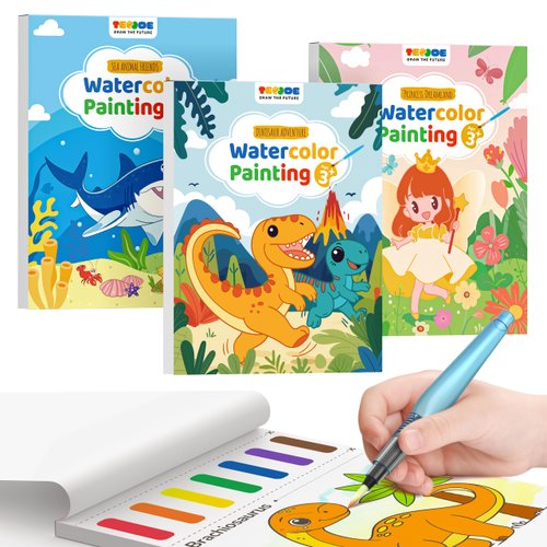 TECJOE 3 Pack Paint With Water Coloring Books for Toddlers, Watercolor Paint Set with 6 Brushes, Painting Activity for Kids Ages 4 5 6 7 8, Christmas Gift arts & Crafts Toy, Princess, Dinosaur & Sea