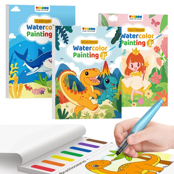 TECJOE 3 Pack Paint With Water Coloring Books for Toddlers, Watercolor Paint Set with 6 Brushes, Painting Activity for Kids Ages 4 5 6 7 8, Christmas Gift arts & Crafts Toy, Princess, Dinosaur & Sea