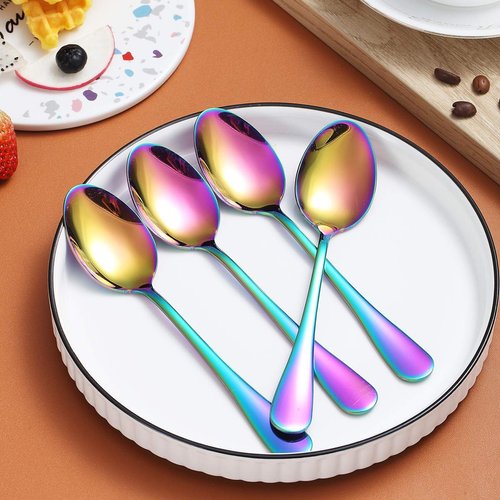 Rainbow Dinner Spoon of 4, Berglander 7.5" Stainless Steel Titanium Plating Shiny Mutil-Color Soup Spoons Silverware, Colorful Soup Spoon Table Spoon Set Sturdy Easy To Clean, Dishwasher Safe