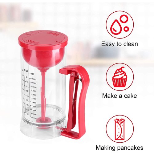 Pancake Batter Dispenser Electric Batter Mixer Separator for Cupcakes Pancakes Cookie Cake Waffles or Any Baked Goods, Batter Dispenser with Clear Tick Marks, Easy to Use (40.58oz - Clear/Red)
