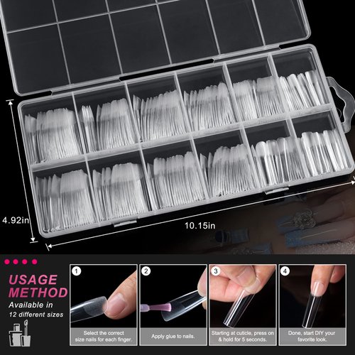 AOREAM Long Square Nail Tips 240PCS Clear Soft Gel False Nails Half Matte Full Cover Press on Nails 12 Sizes Coffin Nail Tips for Acrylic Nails Professional Salon for Home DIY