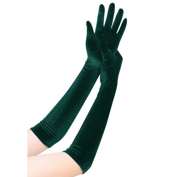 EORUBE Long Opera Gloves for Women Velvet Gloves 1920s Flapper Stretchy Elbow Length Halloween Costume Gloves (Dark Green)