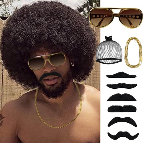 BECUS 5pcs Afro Wig Men Set 1970s 80s Wig for Men, Disco Wig for Halloween Party, Short Wigs for Men Boys, Rocker Costume Set Wig for Cosplay Costume(Wig+Glasses+Mustache+Necklace+Wig Net)