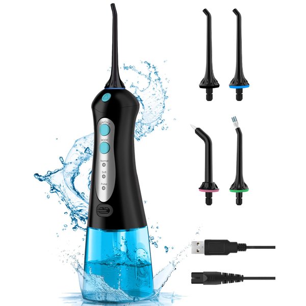 Cordless Water Flosser for Teeth Professional Water Teeth Cleaner Picks Dental Oral Irrigator with 3 Modes & 4 Jet Tips for Braces Gums, IPX7 Waterproof, 300ml Detachable Tank for Home Travel (Black)