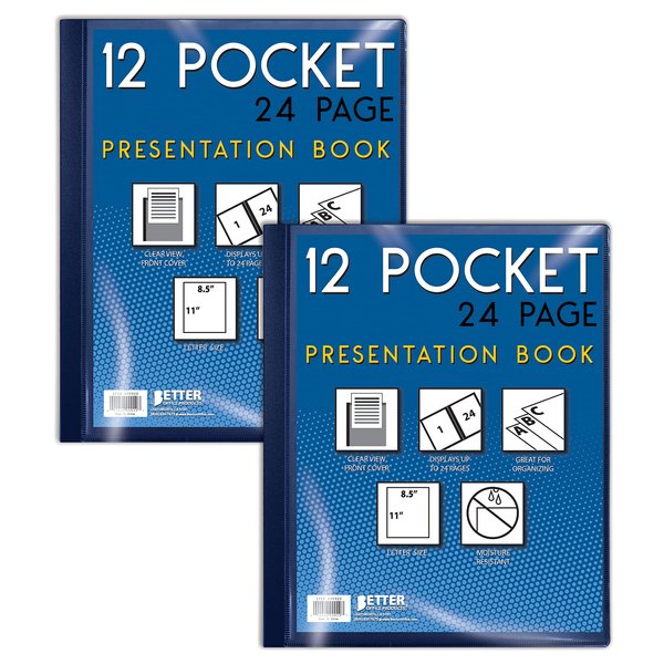 12 Pocket Bound Presentation Book, Blue, Clear View Front Cover, 24 Sheet Protector Pages, 8.5" x 11" Sheets, by Better Office Products, Art Portfolio, Durable Poly Covers, Letter Size (2 Pack)