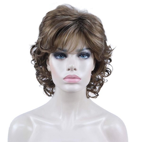 Aimole Short Curly Wig Synthetic Hair Women's Full Wigs 12TT26 Brown Highlighted
