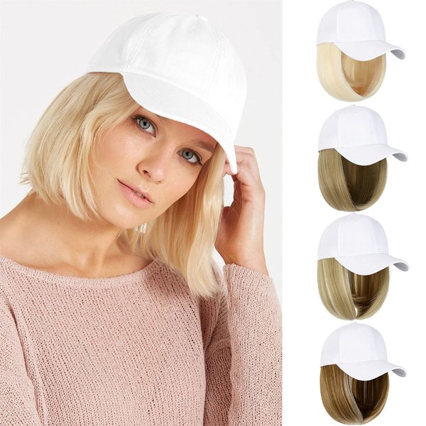 Qlenkay Baseball Cap with Hair Extensions 14inch Straight Short Bob Hairstyle Adjustable Wig Hat Attached Synthetic Hairpiece for Woman Ash Blonde Mix Bleach Blonde