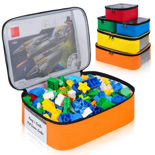 Tesuko 5 Pack Toy Storage Bags Compatible with LEGO Bricks, Portable Carrying Case for LEGO Easy Organizer, Puzzles Blocks Containers& Board Game Bins with Name Tag, Manual Pocket, Visible Top& Handle