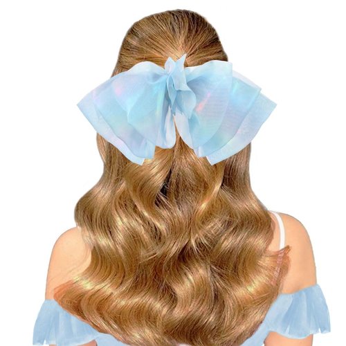 Outyua Blue Hair Bow Big Bow for Hair Tulle Light Blue Bow Colorful Barrette Hair Accessories for Women Girls