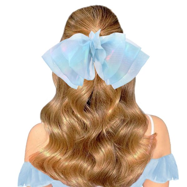 Outyua Blue Hair Bow Big Bow for Hair Tulle Light Blue Bow Colorful Barrette Hair Accessories for Women Girls