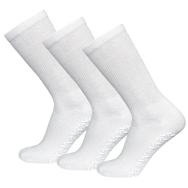 3 Pairs of Non-Skid Diabetic Crew Socks, Non Binding Top Therapeutic Cotton Gripper Socks (White, Size: 13-15)