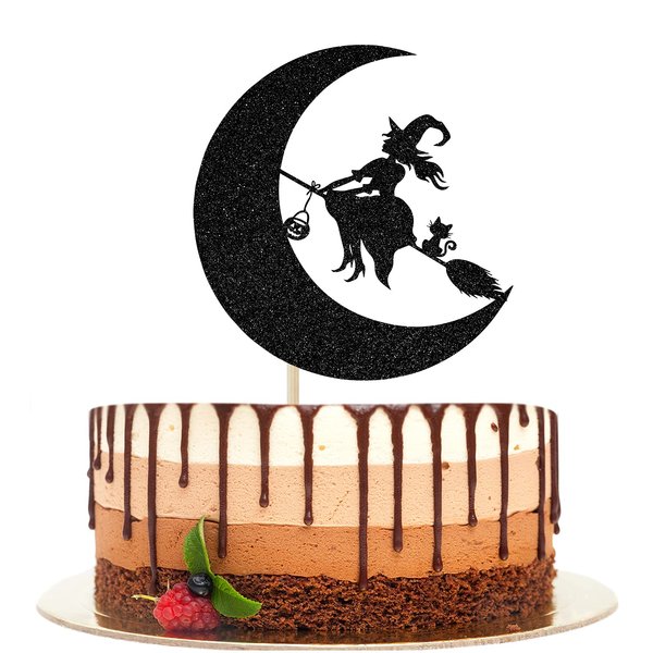 Ferastar Witches Cake Topper, Witch and Moon Halloween Cake Decorations, Halloween Ghost Happy Halloween Party Decorations Black Glitter