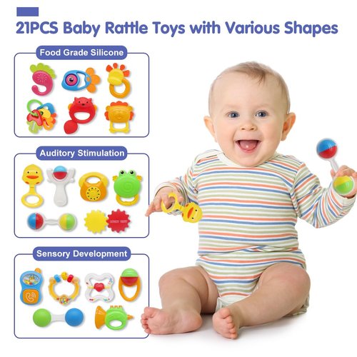 Qizebaby 21PCS Baby Rattles Toys Set, Baby Toys 3-6 Months, Infant Grab and Shake Rattle, Sensory Teether, Music Learning Toys for 3 4 5 6 7 8 9 10 11 12 Month 1 Year Old Toys for Newborn Boys Girls