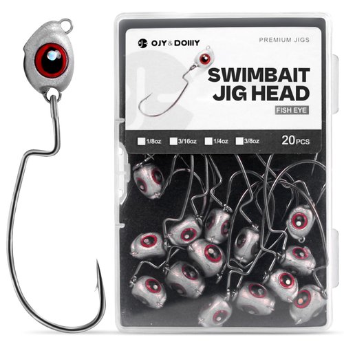 OJY&DOIIIY Fish Eye Swimbait Jig Heads, 20 Pack Weighted Hooks for Texas Rig or Ned Rig Fishing 3/16 oz
