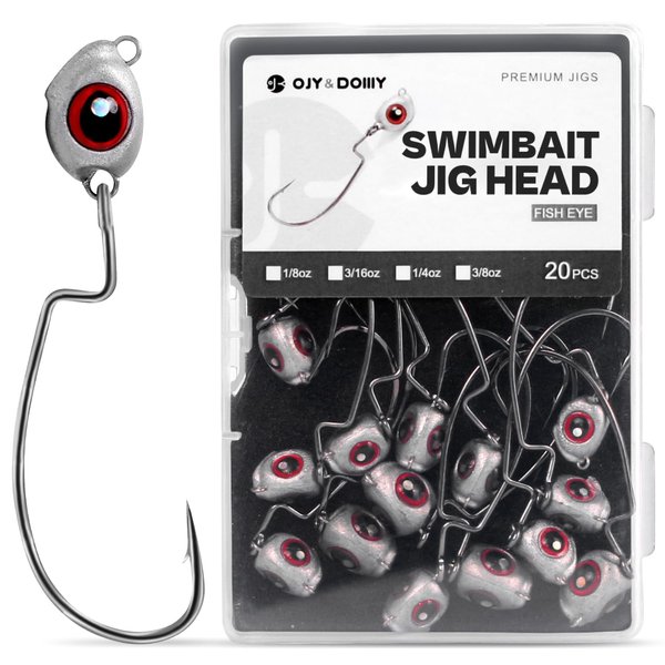 OJY&DOIIIY Fish Eye Swimbait Jig Heads, 20 Pack Weighted Hooks for Texas Rig or Ned Rig Fishing 3/16 oz