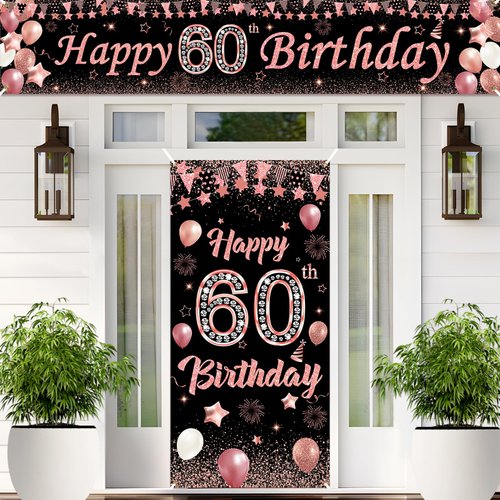 2pcs 60th Birthday Door Banner Kit Black Rose Gold Happy Birthday Party Door Backdrop Decoration Happy Birthday Door Porch Cover for Outdoor Indoor Birthday Party Supplies