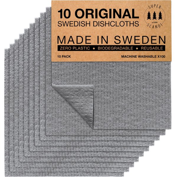 SUPERSCANDI Swedish Dishcloths for Kitchen Grey 10 Pack Reusable Compostable Kitchen Cloth Made in Sweden Cellulose Sponge Swedish Dish Cloths for Washing Dishes Reusable Paper Towels Washable