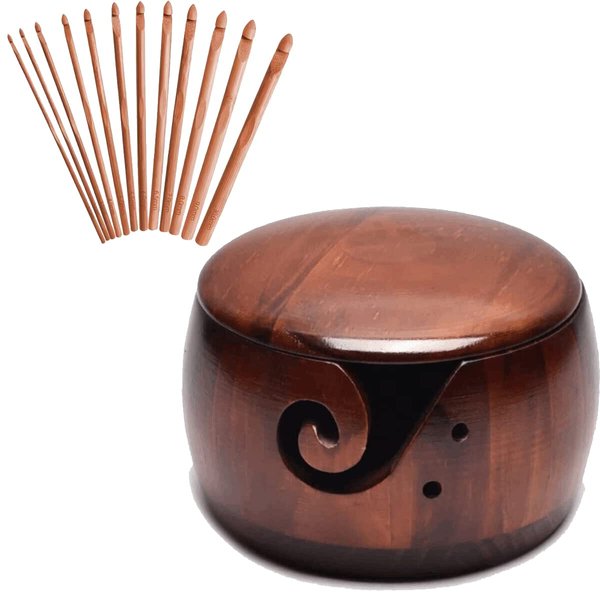 Wooden Yarn Bowl,Yarn Bowls with Lid for Knitting Crochet Yarn Ball Holder Handmade Yarn Storage Bowl for DIY Knitting Crocheting Crochet Kit Organizer Accessories with 12 Crochet Hooks (Dark Wood)