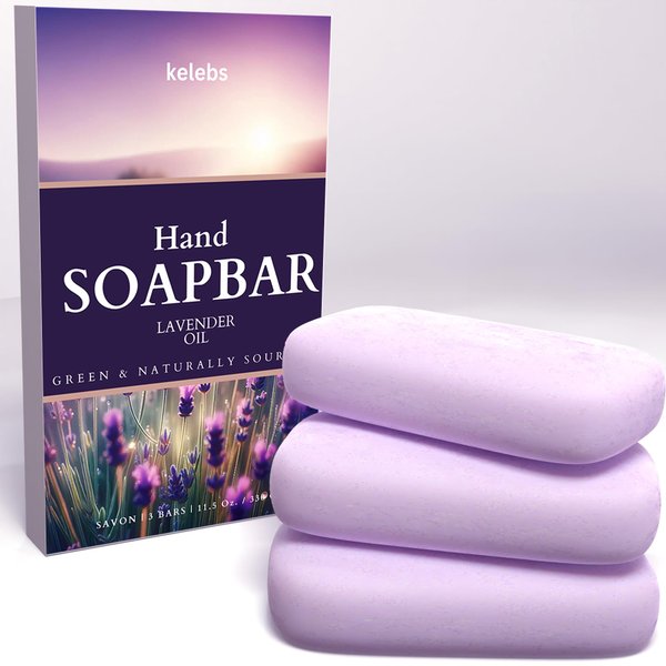 KELEBS Hypoallergenic Hand Soap Bar for Sensitive Skin - Natural Soothing Lavender Oil, Nourishing & Eco-Friendly, Bulk Pack of 3