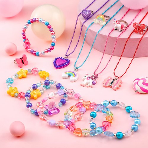 24 Pcs Christmas Little Girl Jewelry Set Kids Unicorn Necklace Cute Woven Bracelet Ring for Pretend Dress up Party Favor (Floral Style)