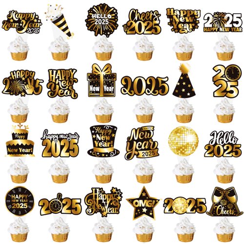 2025 New Years Eve Party Cupcake Toppers 48pcs Happy New Year Party Decoration 2025 Black and Gold New Years Cupcake Picks Decorations for 2025 New Years Eve Party Supplies