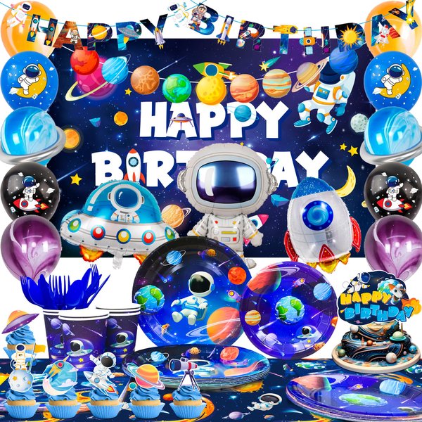 Space Birthday Party Decorations,118pcs Space Birthday Decorations Outer Space Birthday Tableware Set Outer Space Birthday Party Plates Tablecloth Balloon etc Space Themed Party Decorations