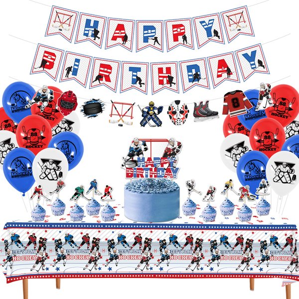 KEFAN Hockey Party Decorations, Ice Hockey Birthday Party Supplies Favors Includes Banner, Cake Toppers, Latex Balloons, Tablecloth for Hockey Lovers Boys Kids’ Birthday Party (banner)